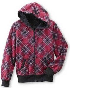 Girls Pink Black Reversible Jacket 10/12 Solid Plaid Fleece Hooded Zip Up PLUS
